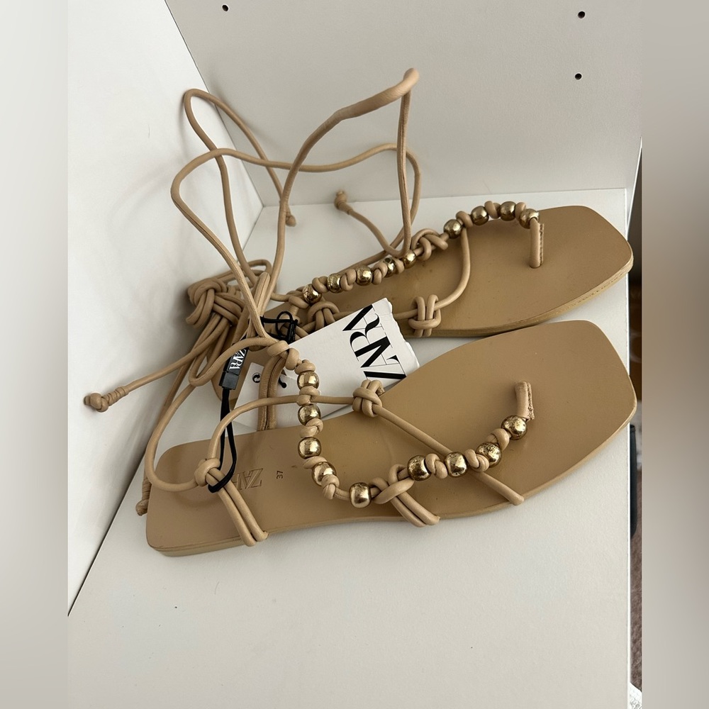 Zara Beige Tan Strappy Beaded Lace-Up Sandals